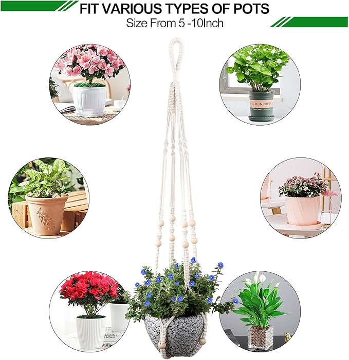 Macrame Plant Hanger for 5 to 10 Inch Plant Pots, Set of 2 Indoor Handmade 35 Inch Woven Rope Hanger Kits with Hooks and Wood Beads, Hanging Planter Basket Holder for Boho Home Decor (White, 2 Pack)