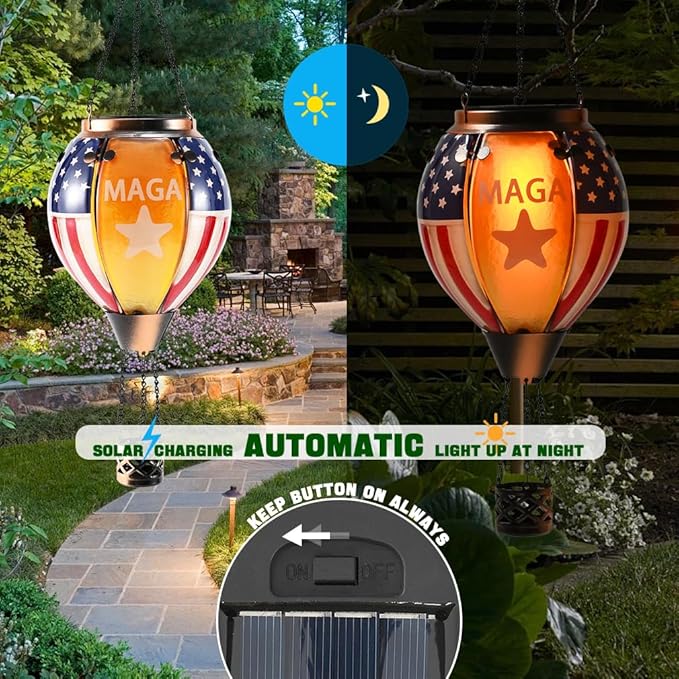 U.S Flag Hot Air Balloon Solar Lantern - MAGA Simulated Flickering Flame Stained Glass Light for Outdoor, Yard Hanging/ Waterproof IP65, Ideal 4th of July Gift for Patriot Veterans Patio Decor
