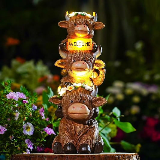 Garden Highland Cow Statue Solar Outdoor Decor with Flower Decoration Funny Triple Highland Cow Decor Birthday Gifts for Women Mom Highland Cows Figurine for Yard Garden Patio Lawn Ornaments