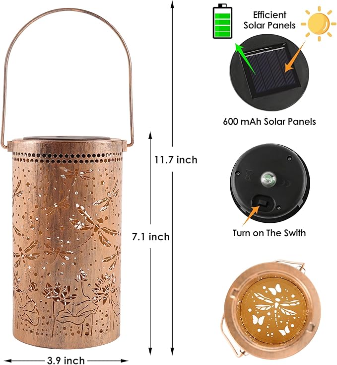 Fabuday Dragonfly Lotus Outdoor Solar Lantern Waterproof - Hanging Solar Power Lights Led for Outside, Garden Decor for Patio, Porch, Balcony, Yard and Deck, Gardening Decorations Gifts for Women Mom