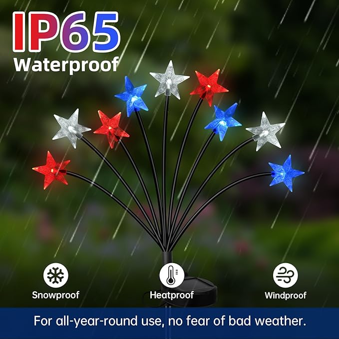 4th of July Decorations Solar Garden Lights, Fourth of July Red White and Blue Light Solar Lights Outdoor, Waterproof Patriotic Decor with 9 LED 2 Lighting Modes for Independence Day, 4 Pack