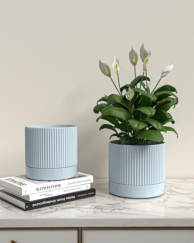 Ceramic Planter Pots Indoor with Drainage Hole & Saucer,Including Stand,7.3 Inch Mid-Century Modern Cylinder Plant Pot for Snake Flower Leaf Blue