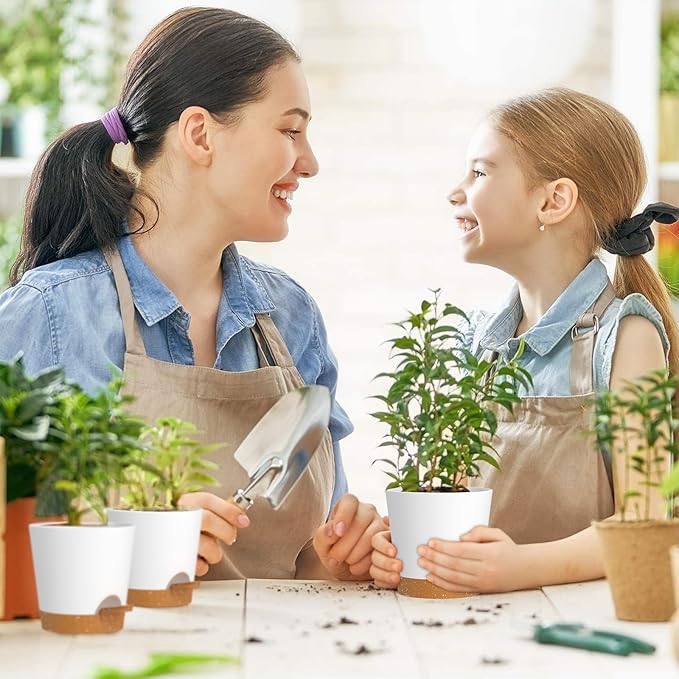 7/6.5/6/5.5/5/4 inch Self Watering Pots for Indoor Outdoor Plants, 6 Pack Plastic Flower Planters with Drainage Holes and Removable Saucers, Plant Pots with Wicking Rope, White Brown
