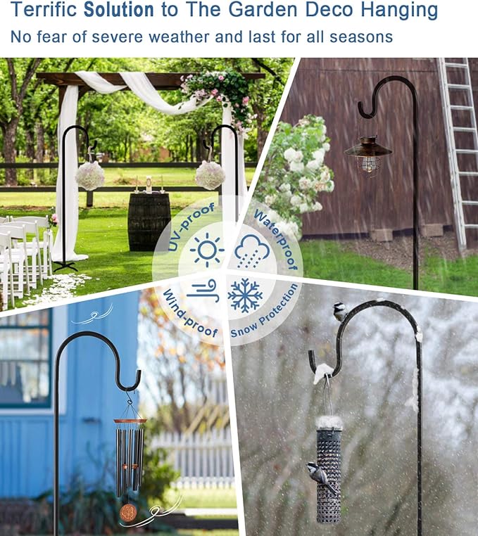 76 inch Outdoor Shepherd Hook with 5 Prong Base (2 Packs), Adjustable Heavy Duty Garden Hanging Stake for Bird Feeder Solar Light Plant Hanger Wedding Decor, Matte Black