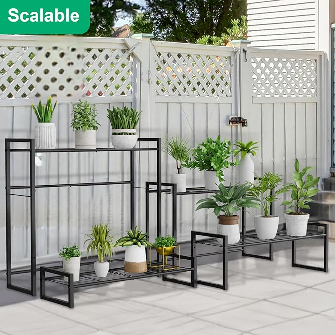 Plant Stand, 4 Tier Stackable Tiered Plant Stand, Scalable Heavy Duty Tall Plant Shelf for Indoor Outdoor, Garden, Display Shelves, Flower Pot Holder, Black
