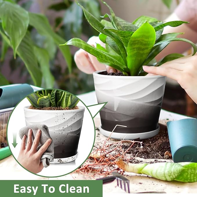 6.7 + 5.5 Inch Plant Pot, Ceramic Planter with Drainage and Saucer，Ceramic Pots for Plants, Indoor Plant pots，Ceramic Flower pots(Dark Gray+White)