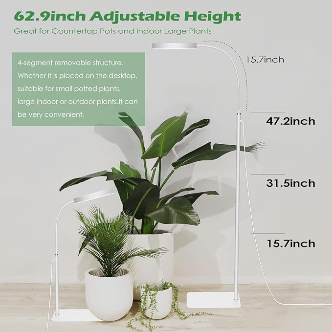 Grow Light, LED Floor Grow Lights for Indoor Plants, Full Spectrum Plant Growing Lamp for Large Plants, Auto ON/Off Timer, 6 Dimmable Levels, 3 Switch Mode, 63 inches Adjustable Height, White