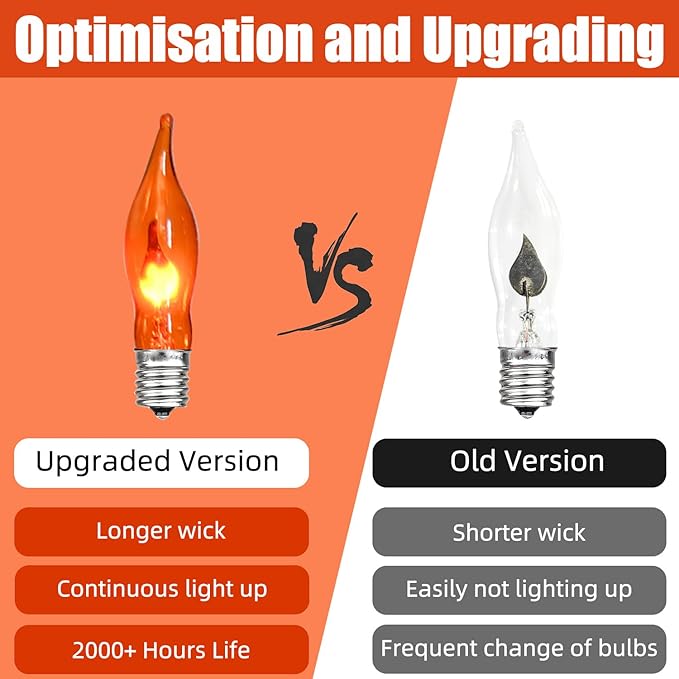 Flickering Flame String Lights Orange Halloween Lights with 10 Pack C7 Orange Flame Light Bulbs, 12.8Ft Orange Flame String Lights for Halloween Decorations for Home Party Yard