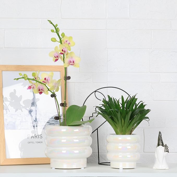 4.1 inch 4 pcs Ceramic Plant Pots for Indoor Plants, Rainbow Pearl Glaze Planter with Planters for Plants with Drainage Hole, Orchid Pots, Succulent Pot, Small Flower Pot (White)