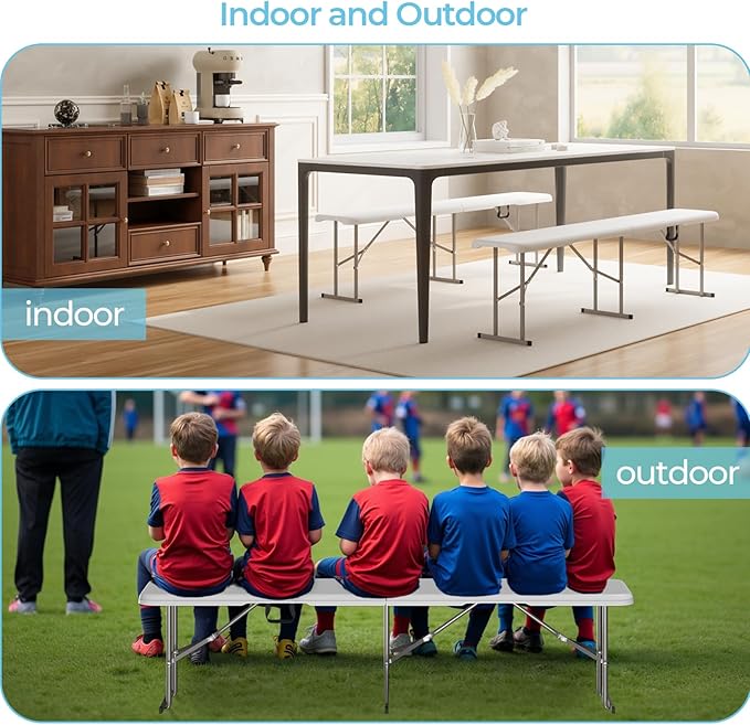 6ft HDPE Folding Bench, Foldable Seat with Sturdy Frame and Security Lock for Indoor and Outdoor, Multipurpose Entertaining Activities, Portable and Easy to Store, 2 Pack, White