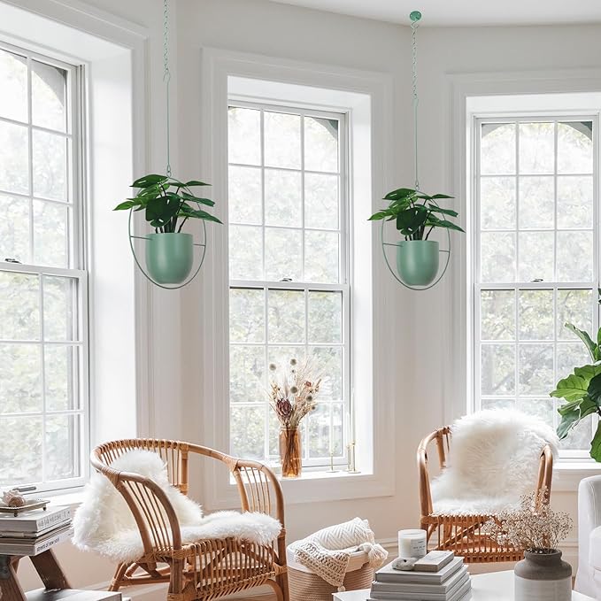 Hanging Planters 2 Pack Boho Mid Century Hanging Plants Hangers Metal Wall Ceiling Flower Pot Indoor Outdoor Vine Holder Room and Window Decor(Green)