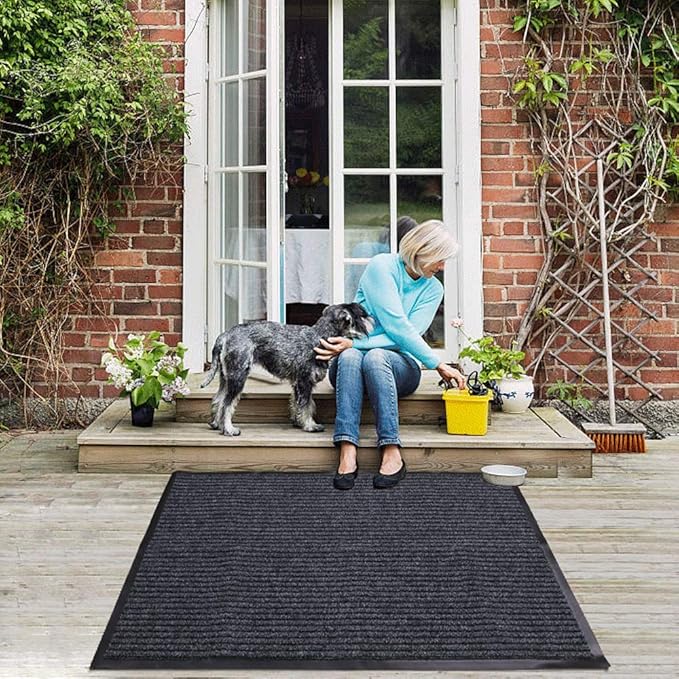 Fani Heavy Duty Large Grey Striped Floor Door Mat - Waterproof Low Profile Home Rug with Anti-Skid Rubber Back (Gray, 23" x 35")