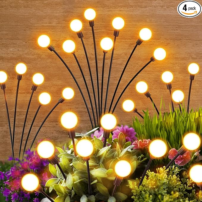 Solar Lights Outdoor Garden Decor: Unique Gardening Gifts for Mom - 4 Pack 32 LED Firefly Solar Powered Lamps - Sway by Wind Outside Waterproof Solar Lights for Yard Pathway Landscape Decorations