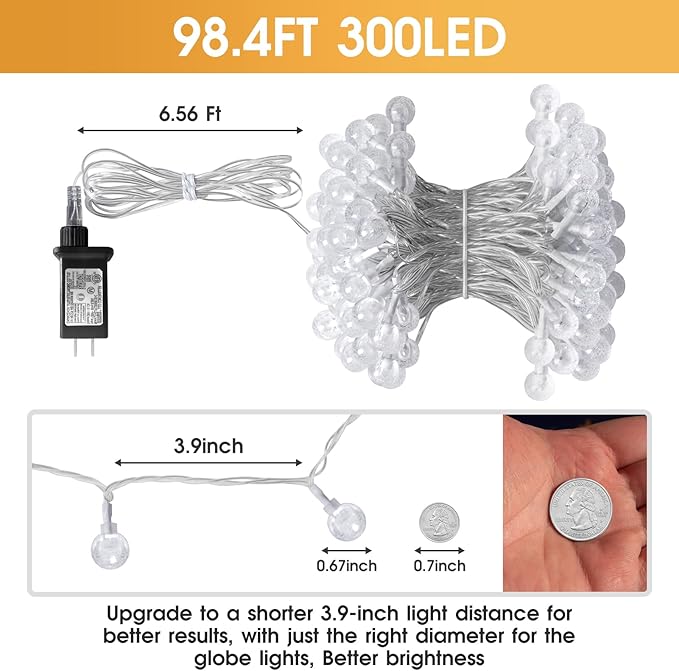 98.4ft 300LED Globe String Lights Outdoor,Crystal Fairy Light IP44 Waterproof Outdoor Hanging Decorative Lights for Home Tent Patio Garden Party Wedding Decor