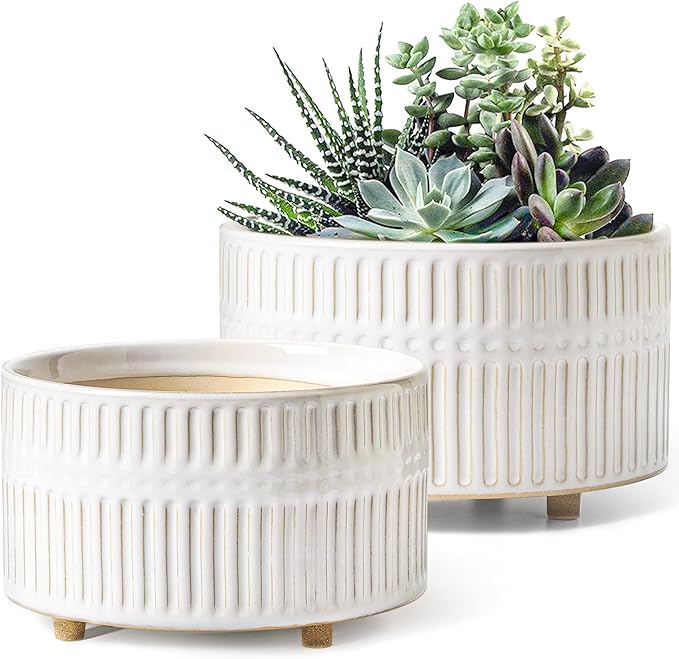 LE TAUCI Succulent Pots, 6.5+8 Inch Ceramic Indoor Plant Pot with Drainage Hole, Modern Round Decorative Flower Pot, Set of 2, Reactive Glaze White