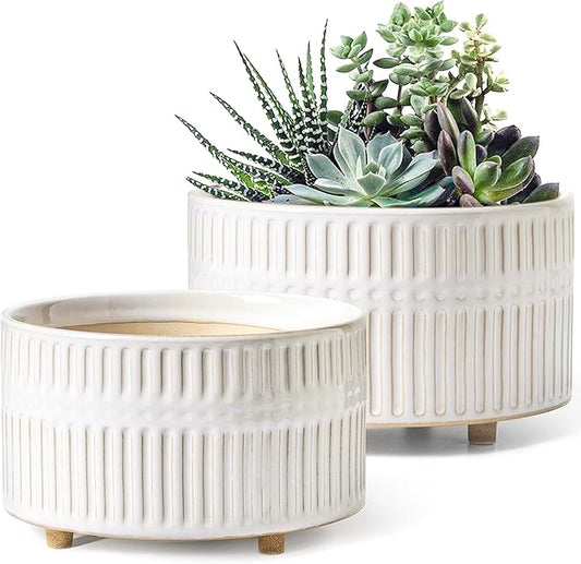LE TAUCI Succulent Pots, 6.5+8 Inch Ceramic Indoor Plant Pot with Drainage Hole, Modern Round Decorative Flower Pot, Set of 2, Reactive Glaze White