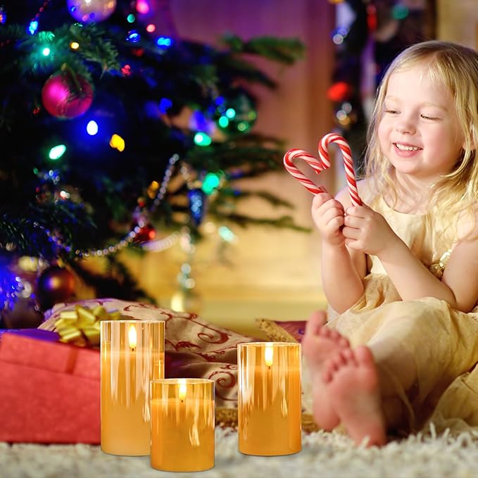 Rechargeable Candles Flickering with Remote, Rechargeable Flameless Candles with Timer, LED Candles Battery Operated with 3D Wick and Charging Cable for Valentine's Day Home Decor(Gold)