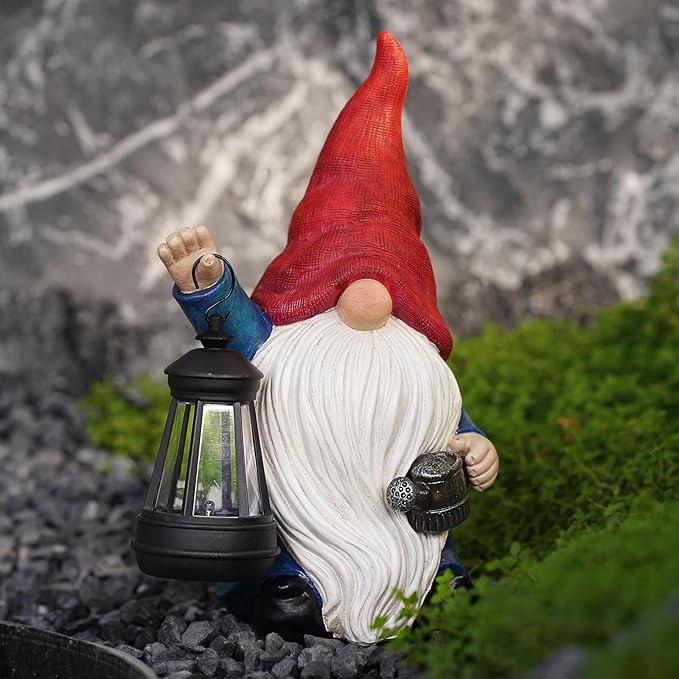 Solar Garden Gnome Christmas Gnome Outdoor Statues Garden Decor Resin Birthday Gifts for Women Mom Art for Yard Porch Patio Lawn Yard with Watering Can Lights Lantern