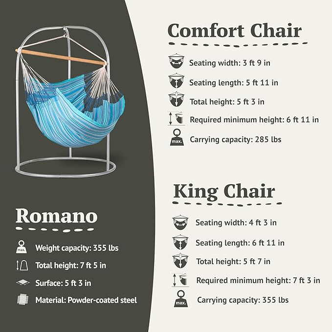 LA SIESTA® - XL King Habana Cotton Hammock & Romano Steel Stand - Indoor Outdoor Hanging Chair Swing for Bedroom Porch Balcony - Boho Hanging Chair - Azure