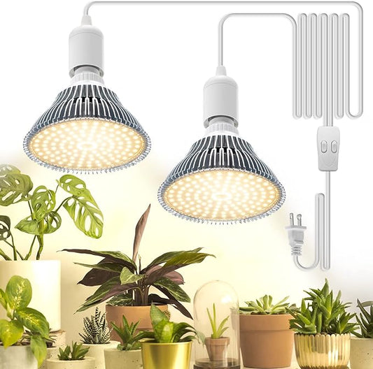 Hanging Grow Light, 50W (25W X 2), One Cord Double Head, Led Grow Lights for Indoor Plants, Full Spectrum, Grow Lights for Seed Starting, Hanging Plant Light Bulbs with 16.4FT Power Cord