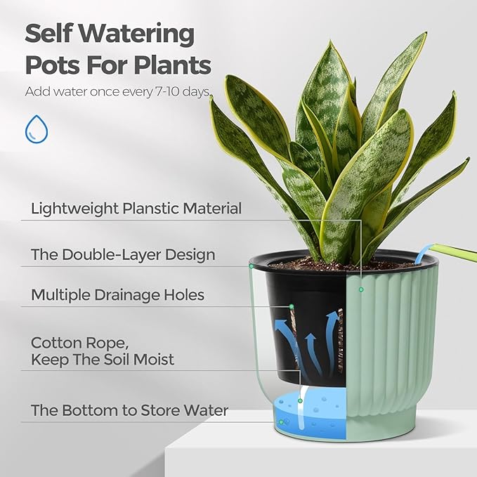 T4U 4.5 Inch Self Watering Pots for Indoor Plants, 6 Pack Green Plastic Flower Pots for All House Plants, Flowers, African Violets