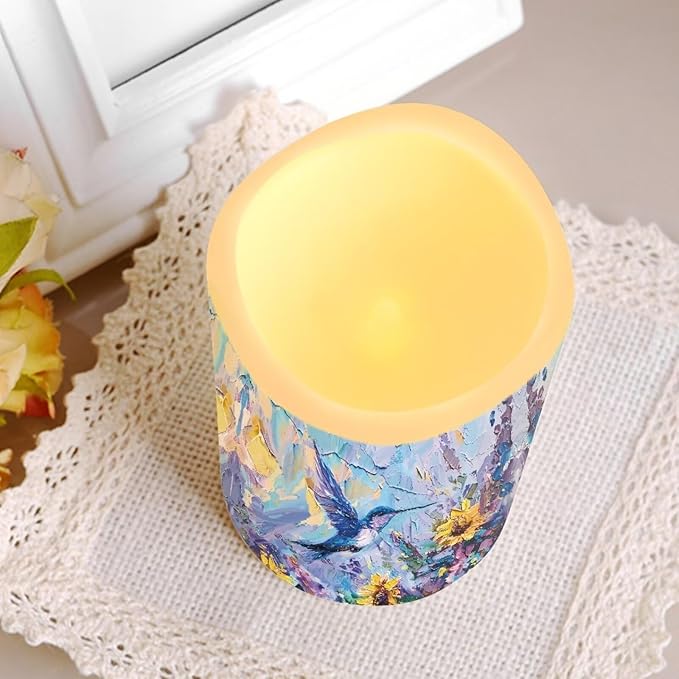 Ystardream Flameless LED Battery Candles Pack of 4 Waterproof Pillar Candles Tealights with 18-Key Timer Remote Colorful Lights for Outdoor Home Decoration Oil Painting Hummingbird