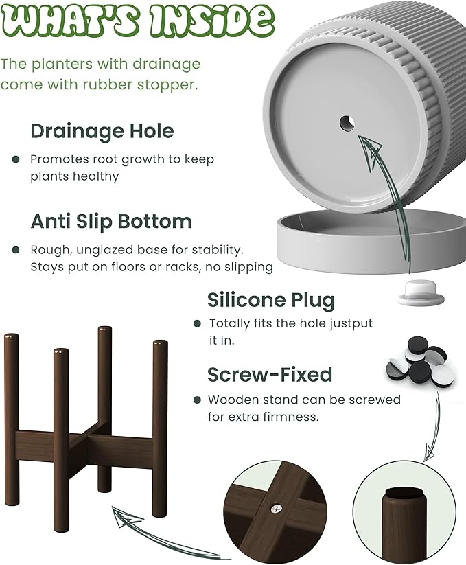 Ceramic Planter Pots Indoor with Drainage Hole & Saucer,Including Stand,7.3 Inch Mid-Century Modern Cylinder Plant Pot for Snake Flower Leaf