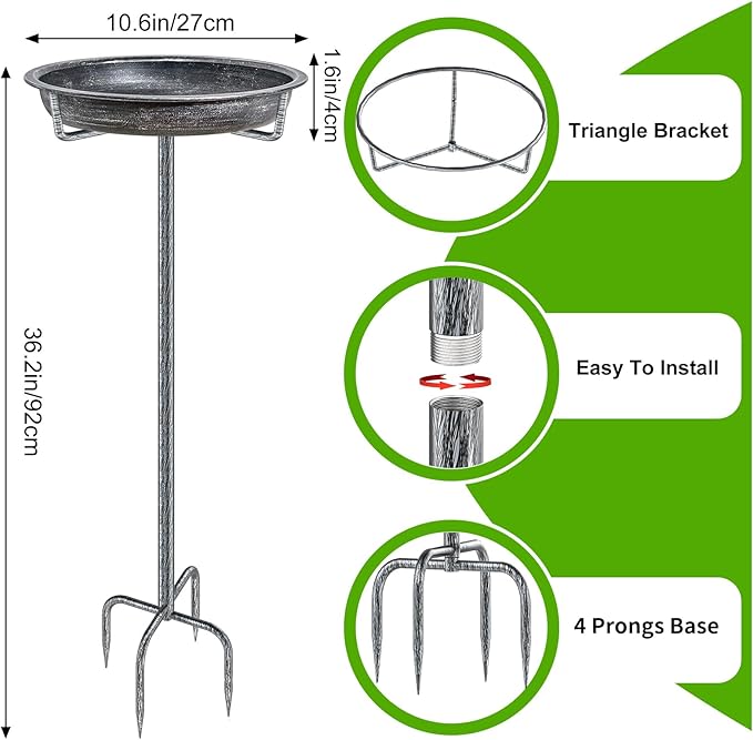 Metal Bird Bath for Outdoors Garden Birdbath Bowl, 36.2" Height Freestanding Bird Feeders for Outside with 4 Prongs Base Stake, Standing Birdfeeders for Yard Lawn Decor (Retro Silver)