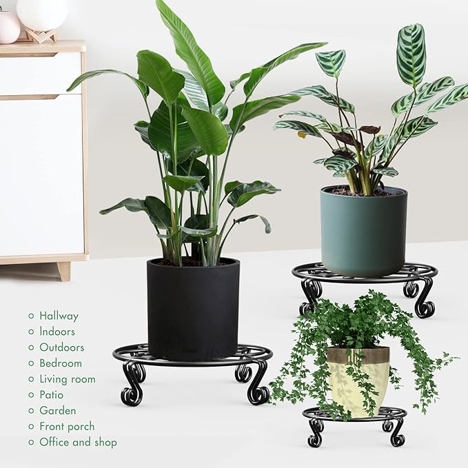 Yimobra 4 Pack Plant Stand for Flower Pot Heavy Duty Potted Holder Indoor Outdoor Metal Rustproof Iron Garden Container Round Supports Rack for Planter (4PC Black 11.8 x 3.1IN)