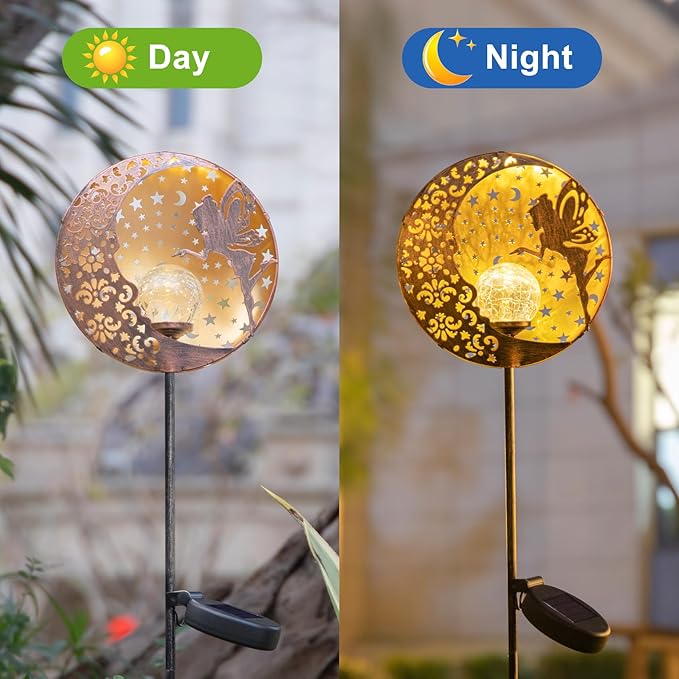 Tryme Solar Fairy Garden Lights - Moon Star Glass Globe Pathway Stake, Waterproof Outdoor Decorative Lights for Patio, Yard, Lawn
