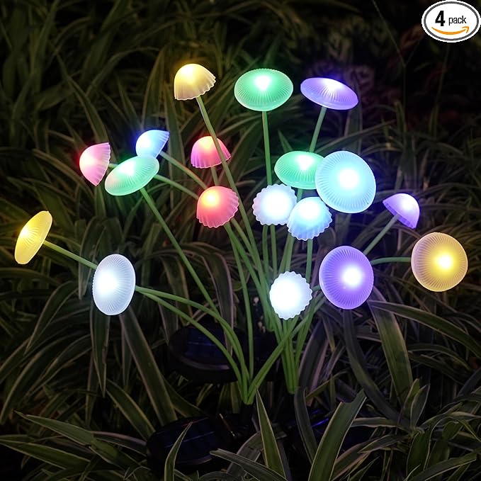 Solar Garden Lights, 4-Pack Dual Mode LED Solar Mushroom Lights, Waterproof Firefly Outdoor Decor for Yard, Patio, and Pathway – Colorful Jellyfish Ambiance