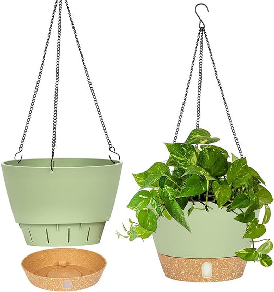 QCQHDU 2 Pack 10 inch Hanging Planters for Indoor Plants, Outdoor Hanging Baskets, Self Watering Pots with Drainage Holes & Removable Tray (Green, 10 inch)