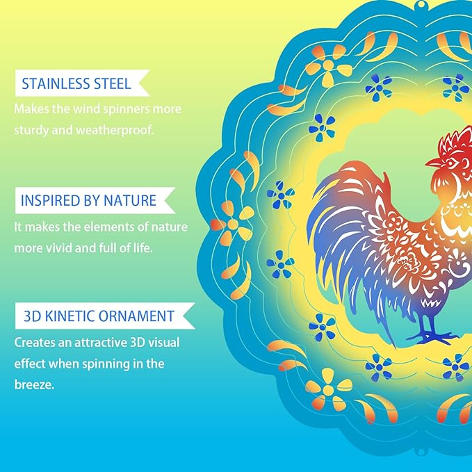 Rooster Wind Spinners Metal Chicken Gifts for Mom Women Grandma,12inch Hanging Wind Spinner for Outdoor&Indoor Decor Wind Chime Christmas Ornament Gifts for Yard Garden Decoration