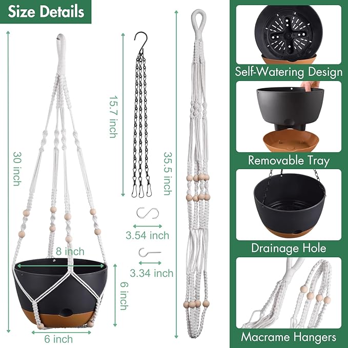 Set of 2-8 Inch Hanging Planters for Indoor Plants with Self-Watering Includes Hanging Pots for Plants, Outdoor Hanging Plant Pot with Drainage, and 2 Types of Hanging Baskets Hangers (Black)