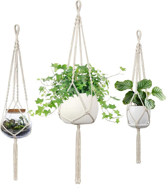 Macrame Plant Hanger, 34"/41"/46" 3 Sizes, Hanging Planters for Indoor Outdoor Plants, Flower Pot Holder with Wood Beads & Tassels for Boho Home Decor, 3 Pack, Ivory