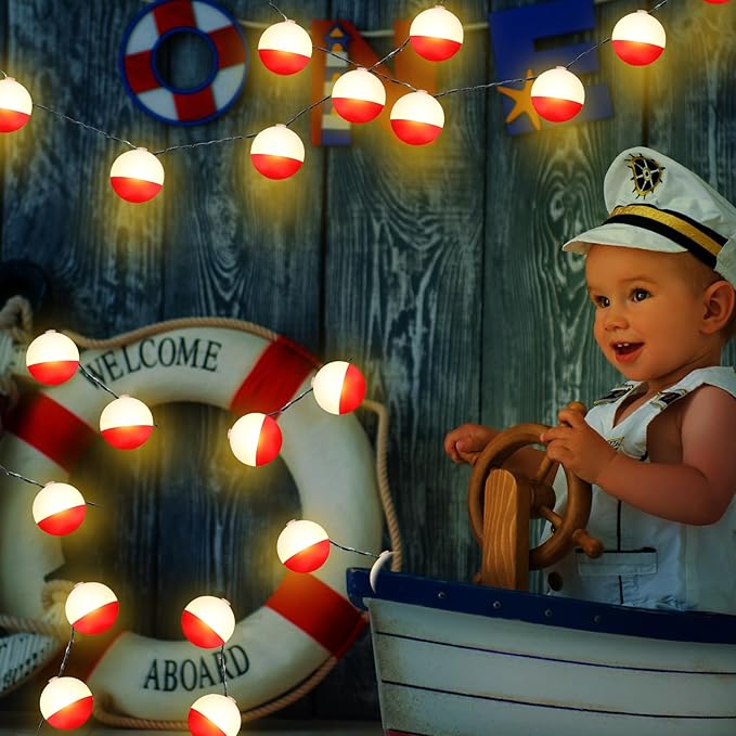Deekin 1 Pcs LED Fishing Birthday Decorations Bobbers String Lights Battery Powered Ofishally One Theme Decor with Extra Bulbs for Gone Fishing Birthday Party Supplies Pole Party Favors