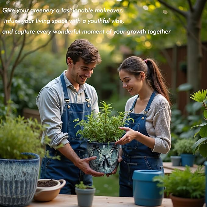 Plant Pots Indoor, Ceramic Planter, 6in Plant Pot, Plant Pots with Drainage Holes and Saucers, Flower Pots for Indoor Plants, Reactive Glaze Blue