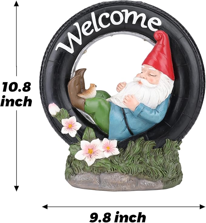 WONDER GARDEN Gnome Garden Decor for Outside - Welcome Gnome Solar Powered LED Light Outdoor Decor, Gnomes Statues Outdoor Funny Resin Garden Sculpture Decorations for Patio, Lawn