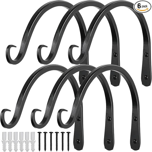 Worth Garden 6-Pack 10" Plant Hanger Bracket - Hand-Forged Wrought Iron Powder-Coated Heavy Duty Wall Hooks - Black Curved Plant Hanging Hooks for Bird Feeders, Flower Baskets, Indoor & Outdoor Use