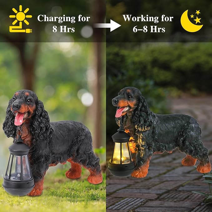 Afirst Solar Dog Statue Garden Decor- Outdoor Decor with Solar Lantern Lovely American Cocker Spaniel Figurine Patio Lawn Yard Art Ornaments Housewarming Gift