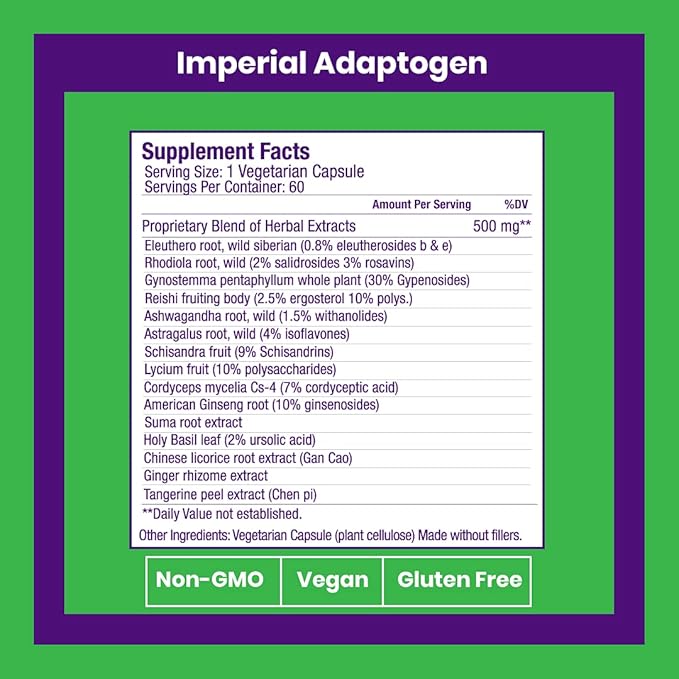 Paradise Herbs Imperial Adaptogen, Eleuthero, Rhodiola, 60 Vegetarian