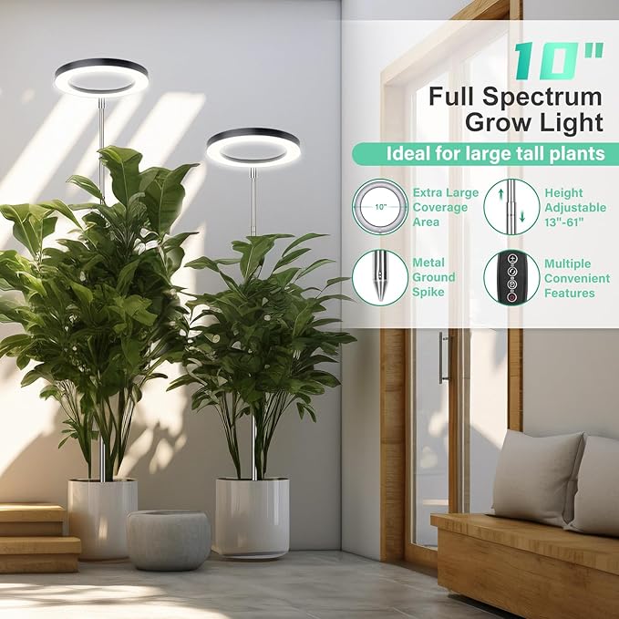 LORDEM 10" Full Spectrum Plant Light, 160 LEDs Large Grow Light for Indoor Tall Plants, Growing Lamp with 4/8/12H Auto Timer, 10 Dimmable Levels, 3 Spectrum Modes, 61" Height Adjustable, Pack of 2