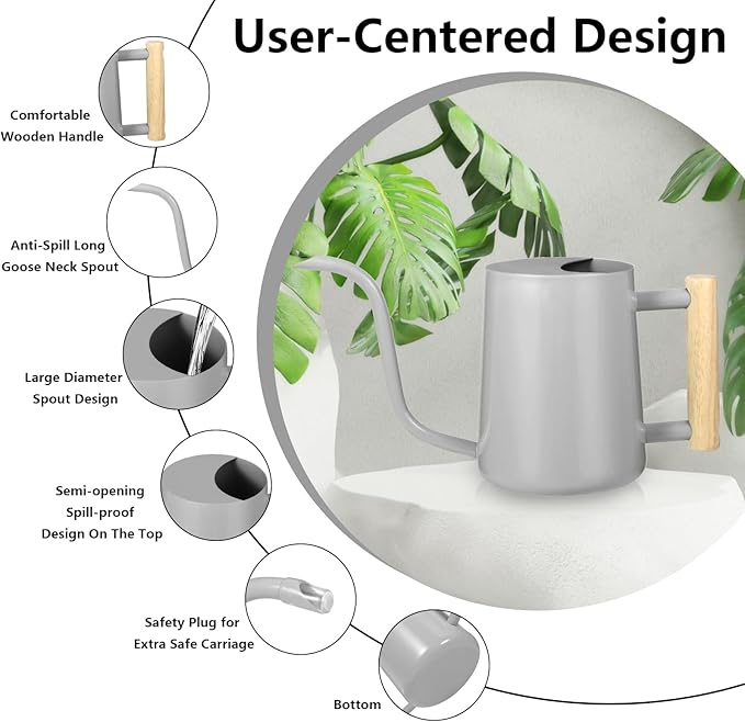 Watering Can Indoor Plants, 35oz Small Watering Can Indoor Stainless Steel Metal Watering Can Modern Decorative Watering Pot with Long Spout for Indoor House Plant Bonsai Garden Flowers (Gray)