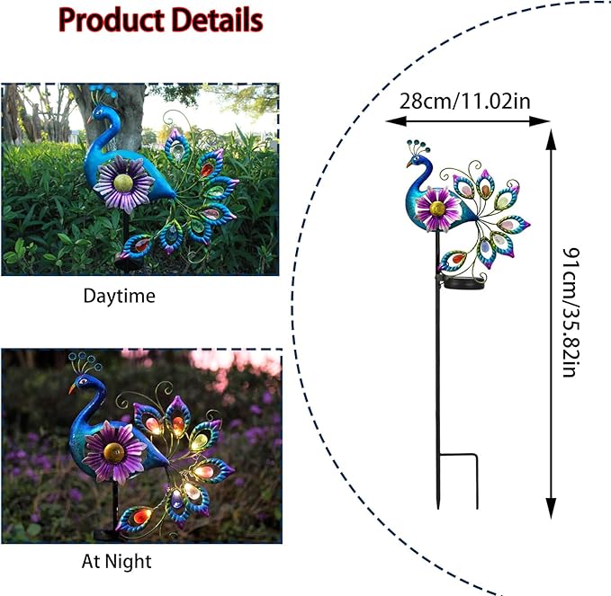 Solar Peacock Statue, Garden Metal Stake Lights Yard Decorations Outdoor,Perfect Peacock Gifts for Women, Ornaments,Mothers Day Ideal Gifts（Solar Peacock Flower ）