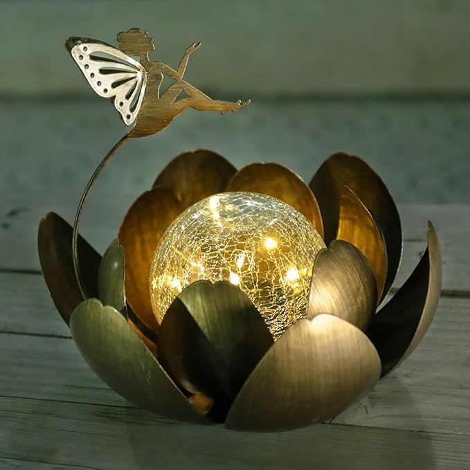 MUMTOP Solar Lights Fairy Garden Decor, Waterproof Metal Solar Lanterns Outdoor Crackle Globe Glass Lotus Flower Table Lamp for for Patio Pathway Yard Balcony Garden Decorations