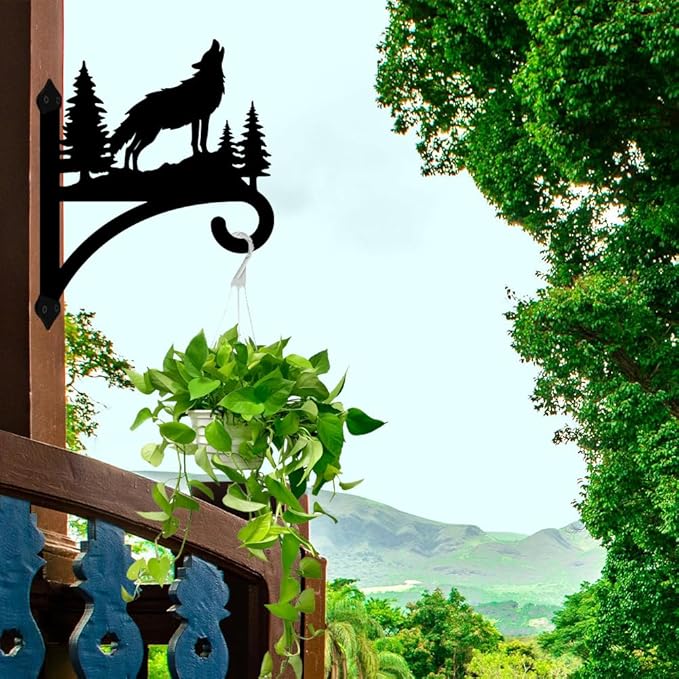 Peacoblue Iron Plant Hangers Hooks for Outdoor Indoor Hanging Plant Flower Fern Pots Lantern Bird Feeder,12"x15" Weather Resistant Metal Wall Holder for Porch Garden Farmhouse(Howling Wolf and Forest)
