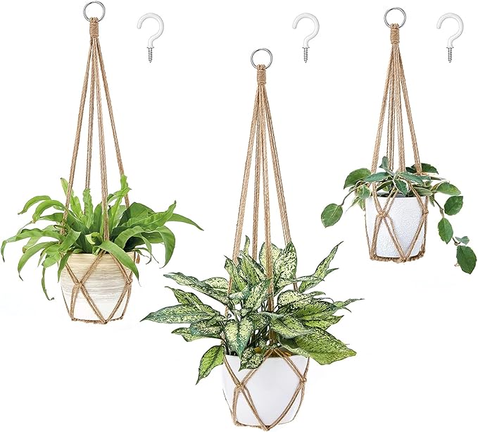 Dahey Macrame Plant Hanger Set of 3 with Hooks Indoor Hanging Planter Basket 35"/29"/23" Handmade Woven Cotton Rope Flower Pot Crochet Plant Holder Stand for Boho Home Decor No Tassels,Brown