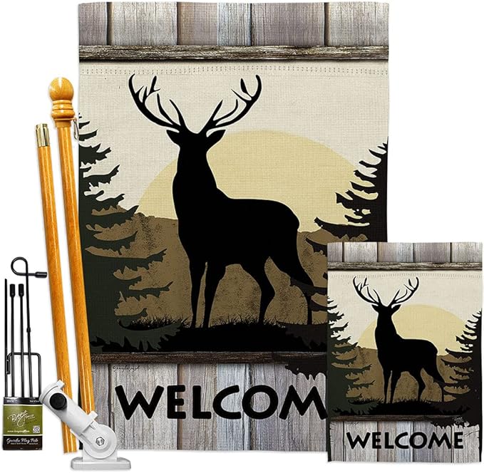 Welcome Deer Garden House Flags Kit Animals Wildlife Outdoor Bear Wolf Pet Nature Farm Animal Creature Small Decorative Gift Yard Banner Made In USA 28 X 40