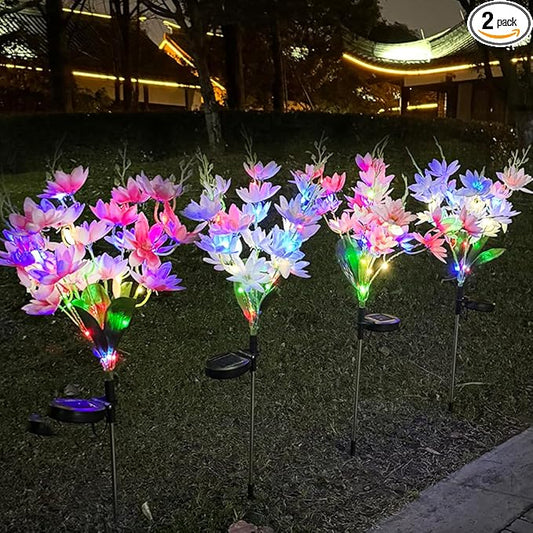 GUOCHENG 4 Pack Solar Flower Lights Outdoor Garden, Denser 5-Head Snow Lotus Solar Flower Decor, 4-Color Light & 2 Lightning Modes for Outside Yard Patio Cemetery Decorations(Colorful)