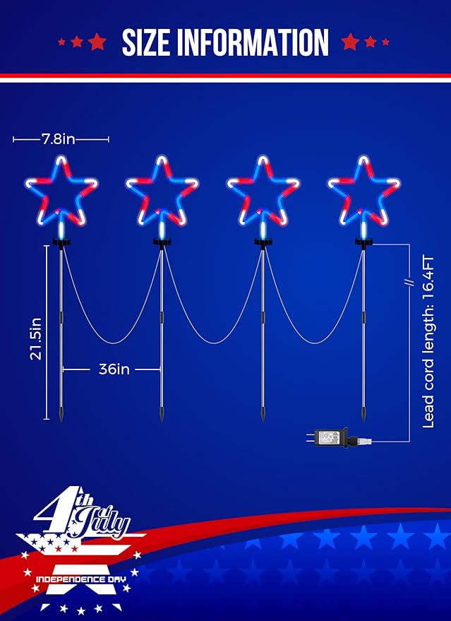 4th of July Decorations Outdoor Red White and Blue Lights, 4 Big Neon Star Pathway Lights Plug in for Independence Day Memorial Day Patriotic Decor Outside Garden Yard Lawn